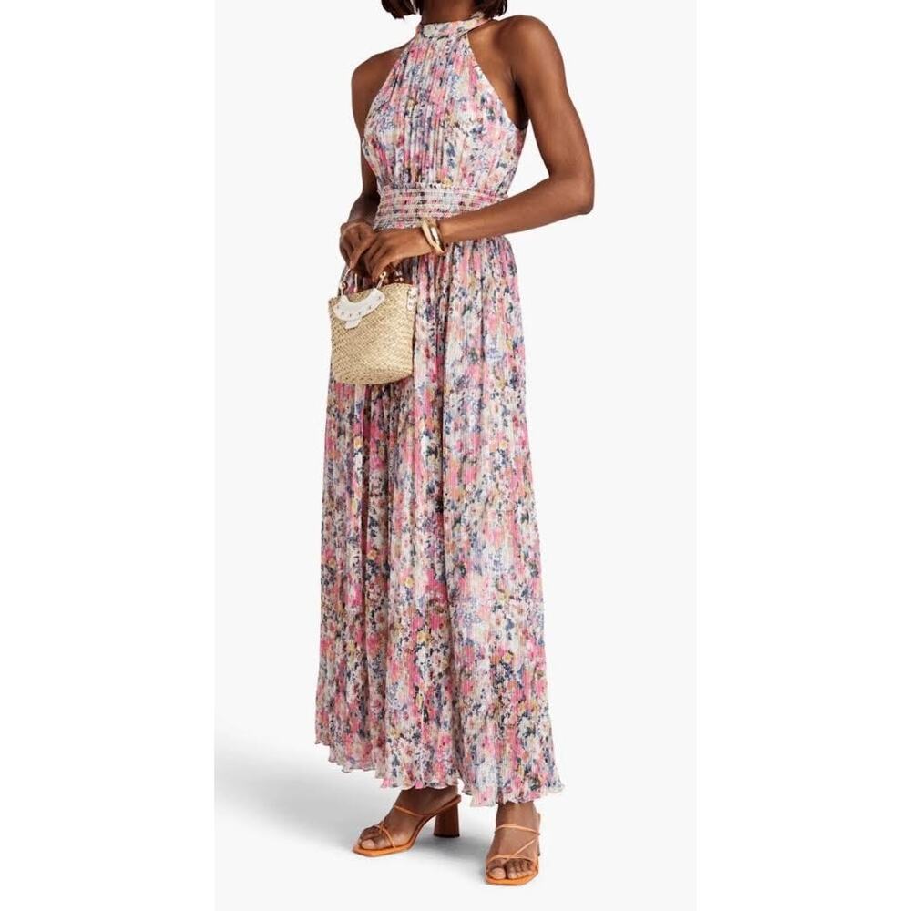 Rococo Sand Floral Pleated Georgette Maxi Dress Small Boho Resort Vacation Glam